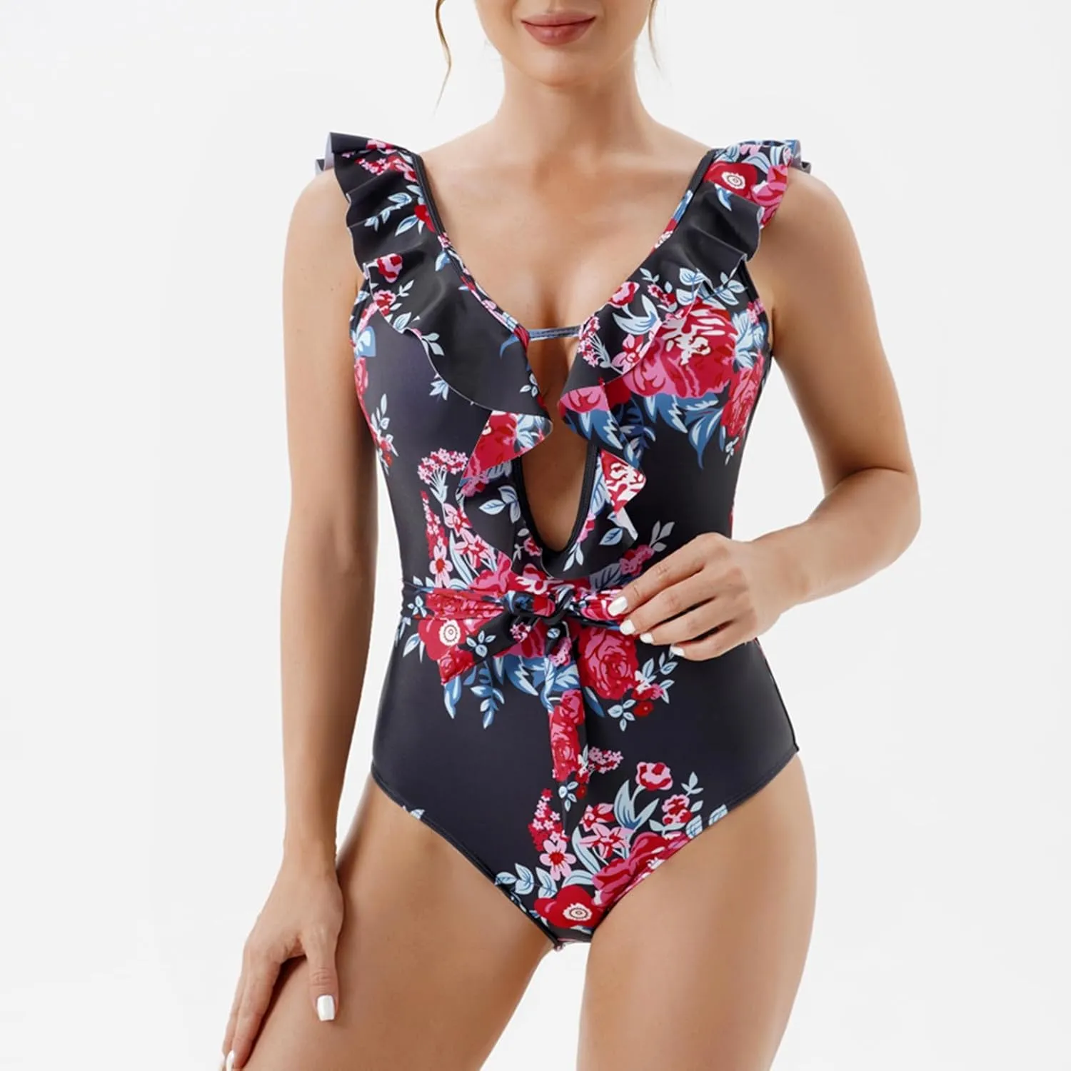 Women Monokini Swimsuits Sexy Ruffle Hollow Out One Piece Swimwear Backless Tummy Control Bathing Suits Beach Bikini