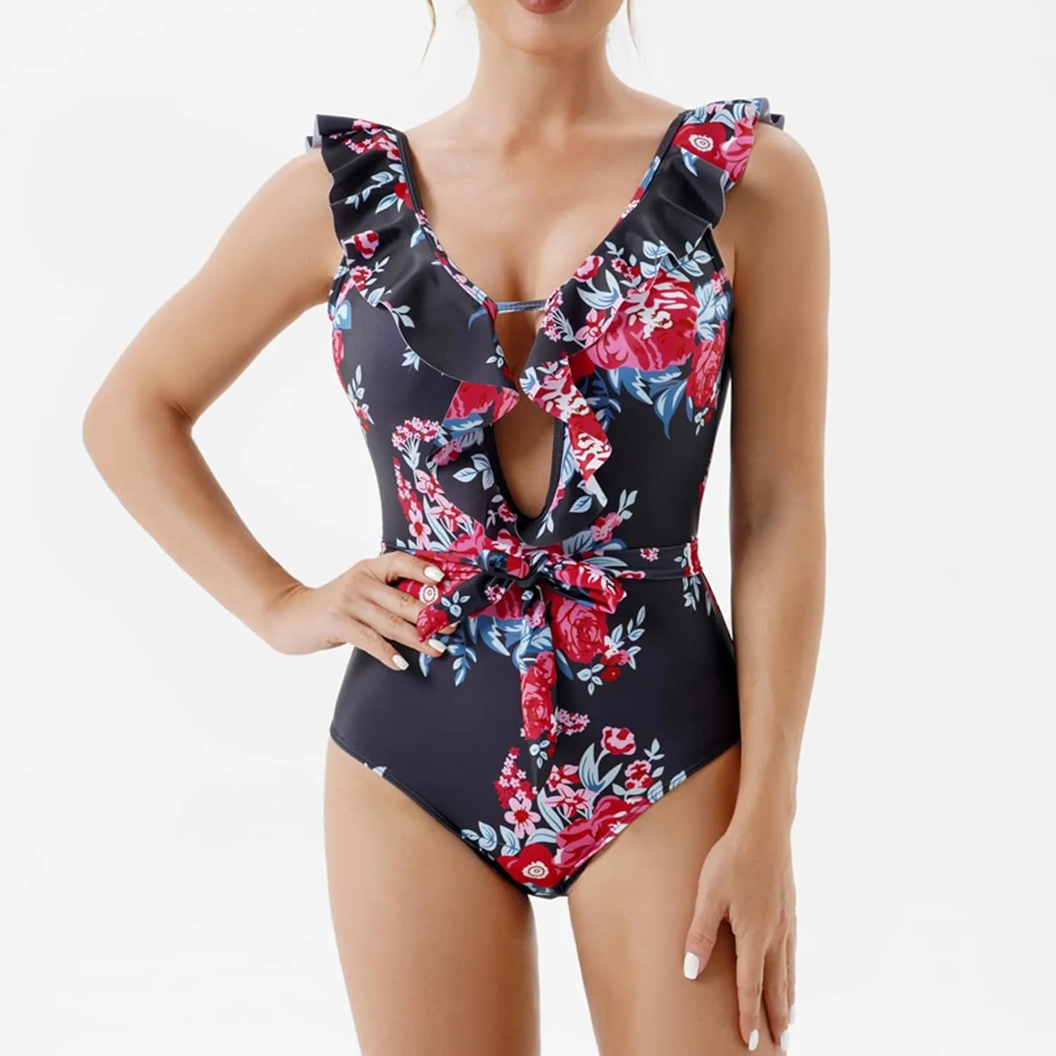 Women Monokini Swimsuits Sexy Ruffle Hollow Out One Piece Swimwear Backless Tummy Control Bathing Suits Beach Bikini