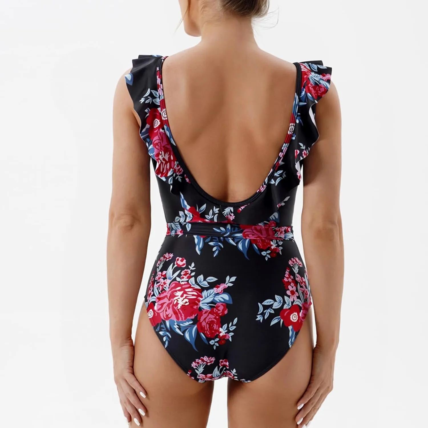 Women Monokini Swimsuits Sexy Ruffle Hollow Out One Piece Swimwear Backless Tummy Control Bathing Suits Beach Bikini