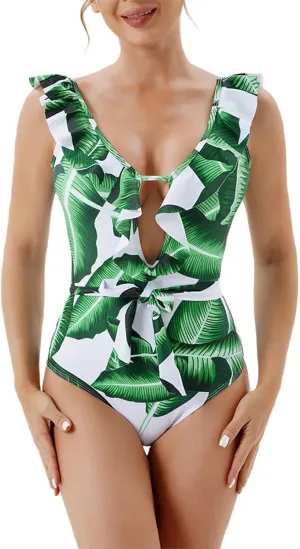 Women Monokini Swimsuits Sexy Ruffle Hollow Out One Piece Swimwear Backless Tummy Control Bathing Suits Beach Bikini