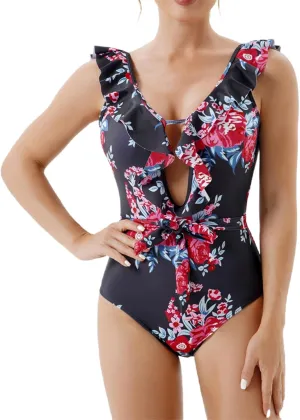 Women Monokini Swimsuits Sexy Ruffle Hollow Out One Piece Swimwear Backless Tummy Control Bathing Suits Beach Bikini