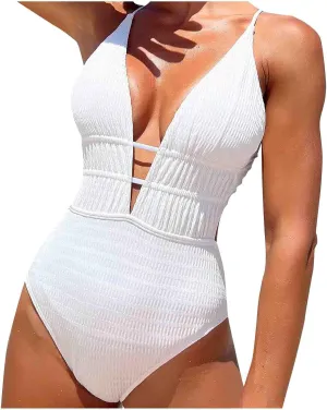 Women One Piece Swimsuit Knit Spaghetti Strap Cutout Bathing Suit Lace Up Backless Ruched Swimwear Sexy Solid Clothes