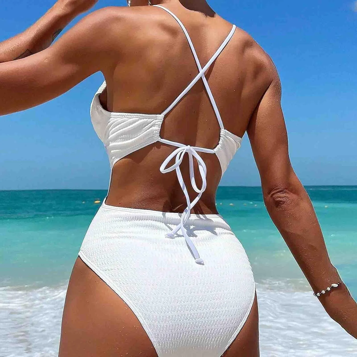 Women One Piece Swimsuit Knit Spaghetti Strap Cutout Bathing Suit Lace Up Backless Ruched Swimwear Sexy Solid Clothes