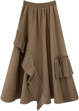 Women Pleated High Elastic Waist Skirt Ruffled A Line Swing Midi Skirts Layered Ruched Long Casual Bottoms