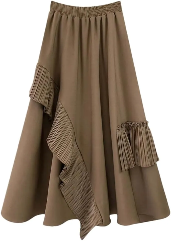 Women Pleated High Elastic Waist Skirt Ruffled A Line Swing Midi Skirts Layered Ruched Long Casual Bottoms