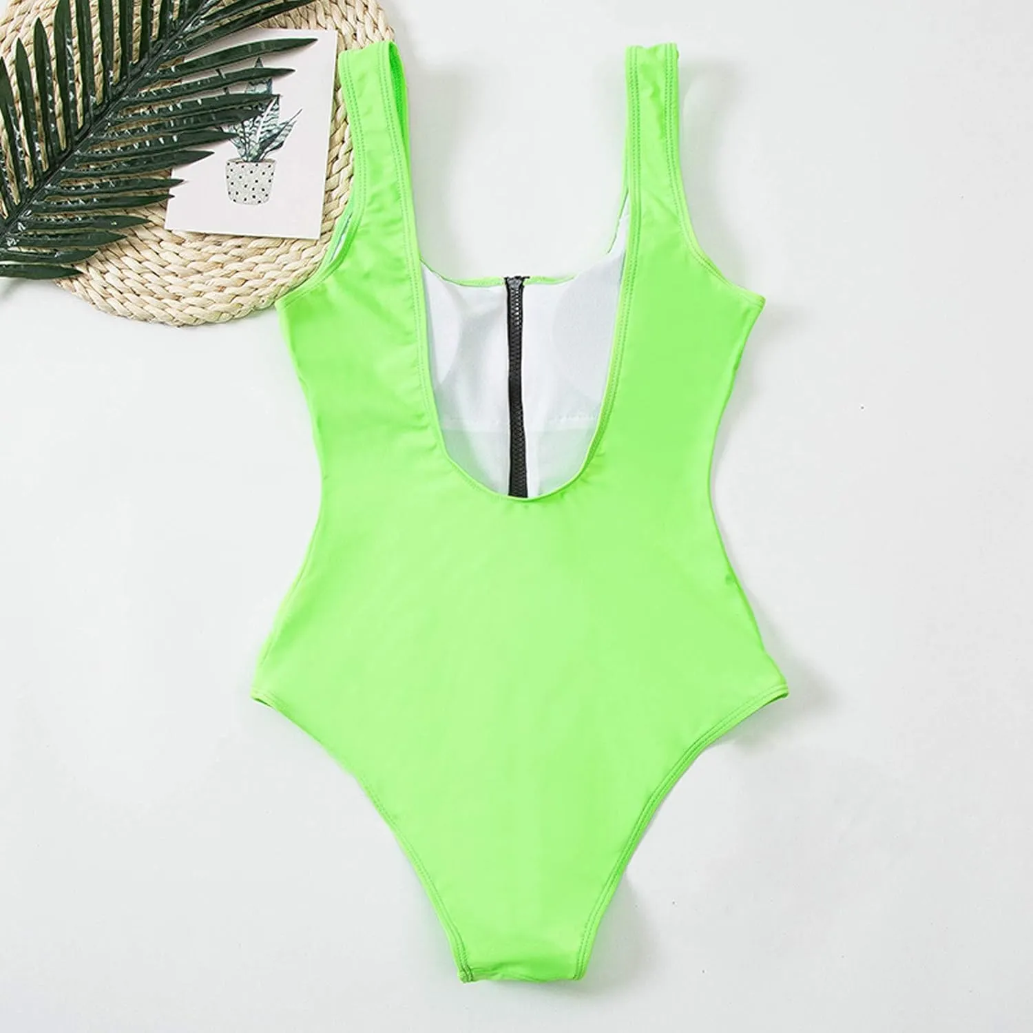 Women Sexy Zipper Front Low Back High Cut One Piece Swimsuit Bathing Suit Swimwear Tummy Control Backless Bathing Suit