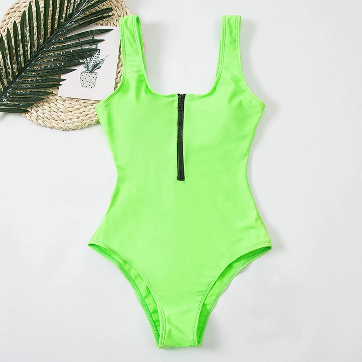 Women Sexy Zipper Front Low Back High Cut One Piece Swimsuit Bathing Suit Swimwear Tummy Control Backless Bathing Suit