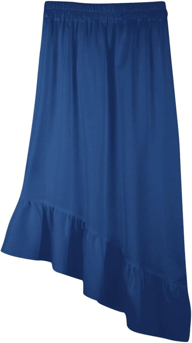 Women Spring Boho Long Skirts Dress Tie-Dyed Print Elastic Waist Asymmetrical Ruched Flowy Ruffle Trim Beach Maxi Skirt