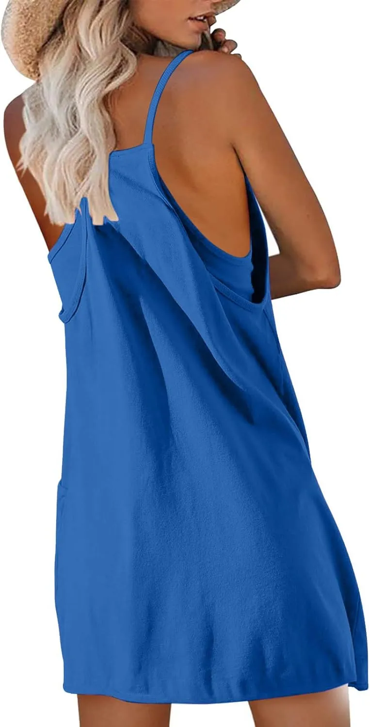 Womens Athletic Mini Dress Summer Romper Dresses Spaghetti Strap Sundress with Built-in Shorts Tennis Workout Rompers