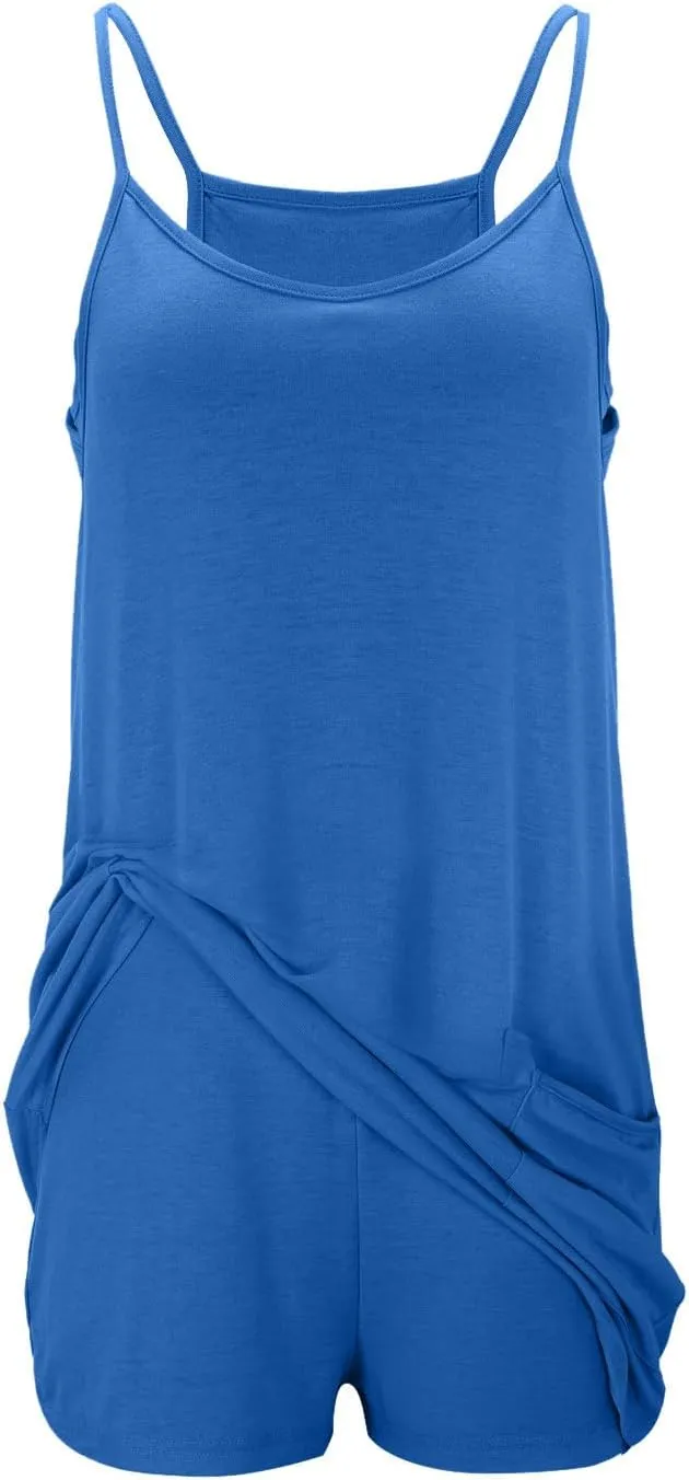 Womens Athletic Mini Dress Summer Romper Dresses Spaghetti Strap Sundress with Built-in Shorts Tennis Workout Rompers