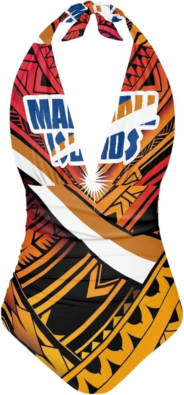 Women's Backless Tummy Control Swimwear One Piece Beach Swimsuits Custom Polynesian Print Beachwear