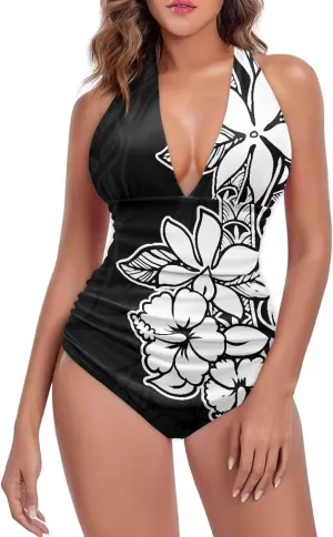 Women's Backless Tummy Control Swimwear One Piece Beach Swimsuits Custom Polynesian Print Beachwear