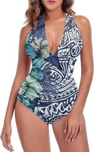 Women's Backless Tummy Control Swimwear One Piece Beach Swimsuits Custom Polynesian Print Beachwear