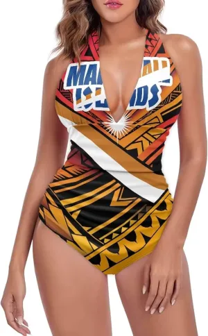 Women's Backless Tummy Control Swimwear One Piece Beach Swimsuits Custom Polynesian Print Beachwear