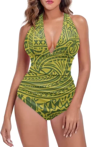 Women's Backless Tummy Control Swimwear One Piece Beach Swimsuits Custom Polynesian Print Beachwear