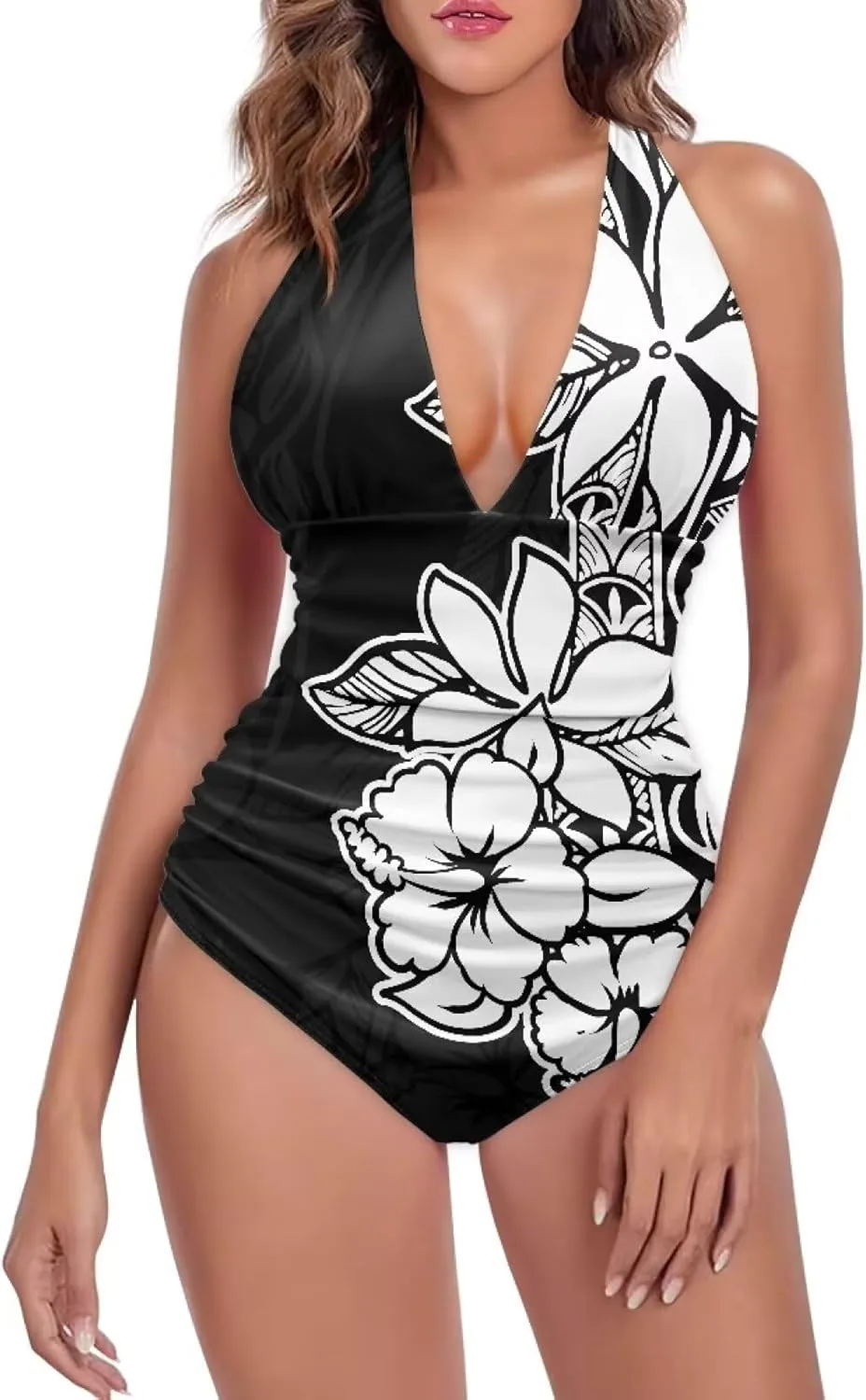 Women's Backless Tummy Control Swimwear One Piece Beach Swimsuits Custom Polynesian Print Beachwear