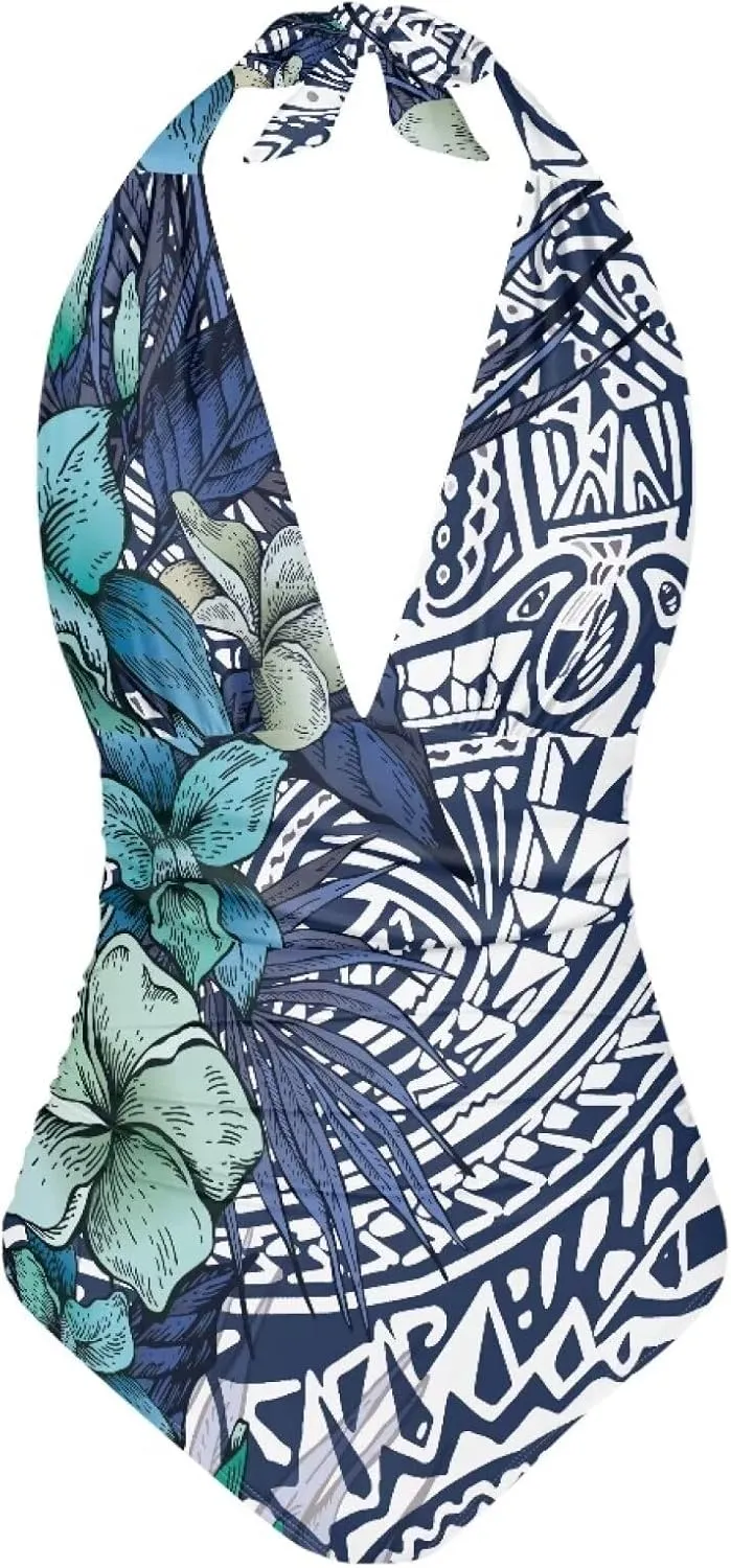 Women's Backless Tummy Control Swimwear One Piece Beach Swimsuits Custom Polynesian Print Beachwear