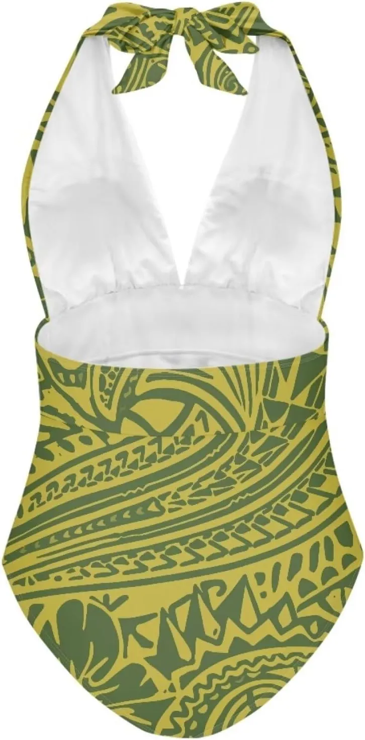 Women's Backless Tummy Control Swimwear One Piece Beach Swimsuits Custom Polynesian Print Beachwear