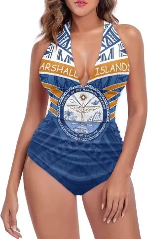 Women's Backless Tummy Control Swimwear One Piece Beach Swimsuits Custom Polynesian Print Beachwear