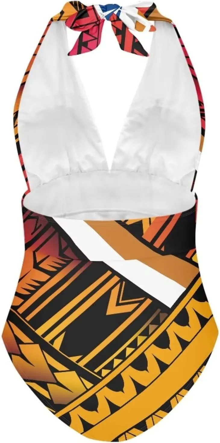 Women's Backless Tummy Control Swimwear One Piece Beach Swimsuits Custom Polynesian Print Beachwear