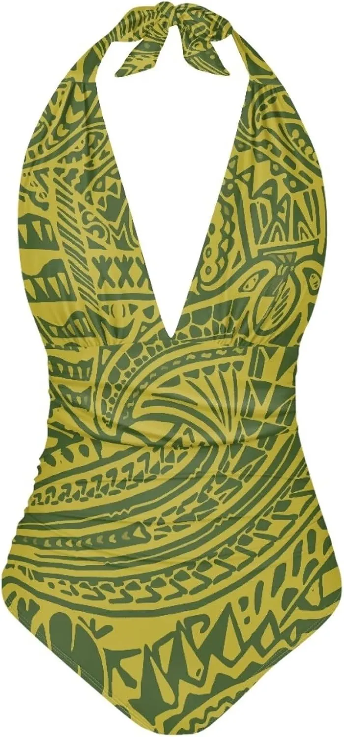 Women's Backless Tummy Control Swimwear One Piece Beach Swimsuits Custom Polynesian Print Beachwear
