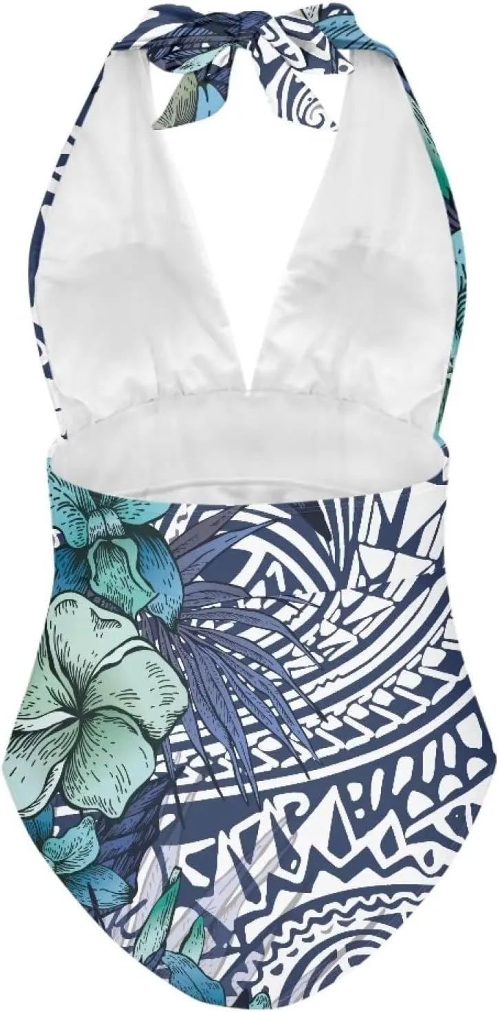 Women's Backless Tummy Control Swimwear One Piece Beach Swimsuits Custom Polynesian Print Beachwear