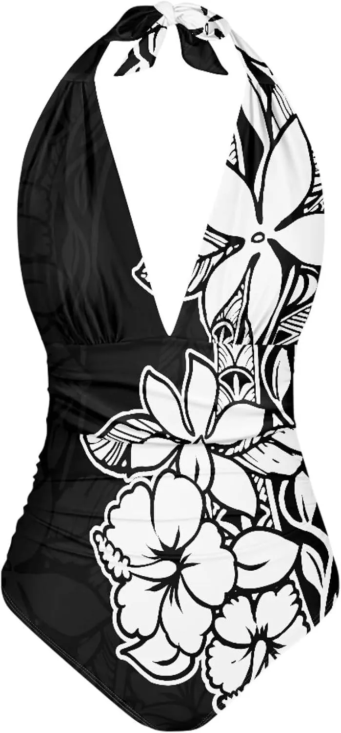 Women's Backless Tummy Control Swimwear One Piece Beach Swimsuits Custom Polynesian Print Beachwear