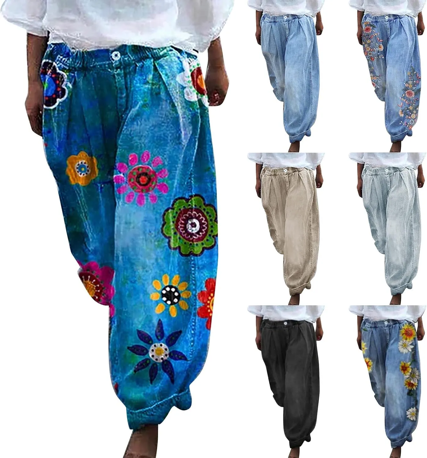 Womens Baggy Wide Leg Pants Y2K Floral Printed Wide Leg Baggy Jeans for Women Stretch High Waisted Straight Leg