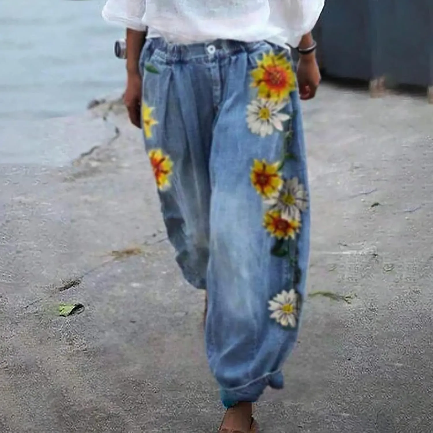 Womens Baggy Wide Leg Pants Y2K Floral Printed Wide Leg Baggy Jeans for Women Stretch High Waisted Straight Leg