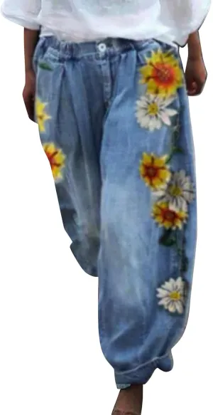 Womens Baggy Wide Leg Pants Y2K Floral Printed Wide Leg Baggy Jeans for Women Stretch High Waisted Straight Leg