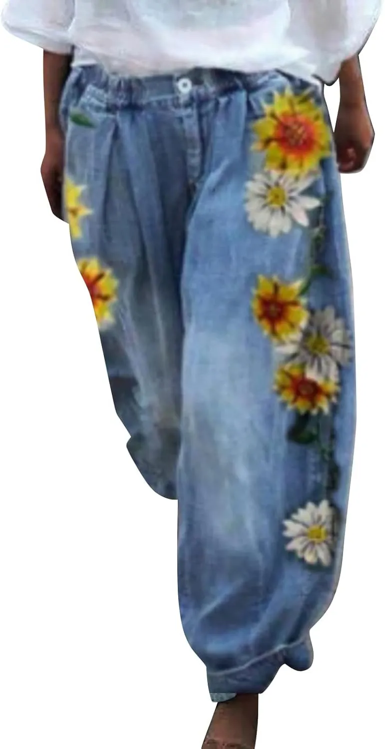 Womens Baggy Wide Leg Pants Y2K Floral Printed Wide Leg Baggy Jeans for Women Stretch High Waisted Straight Leg