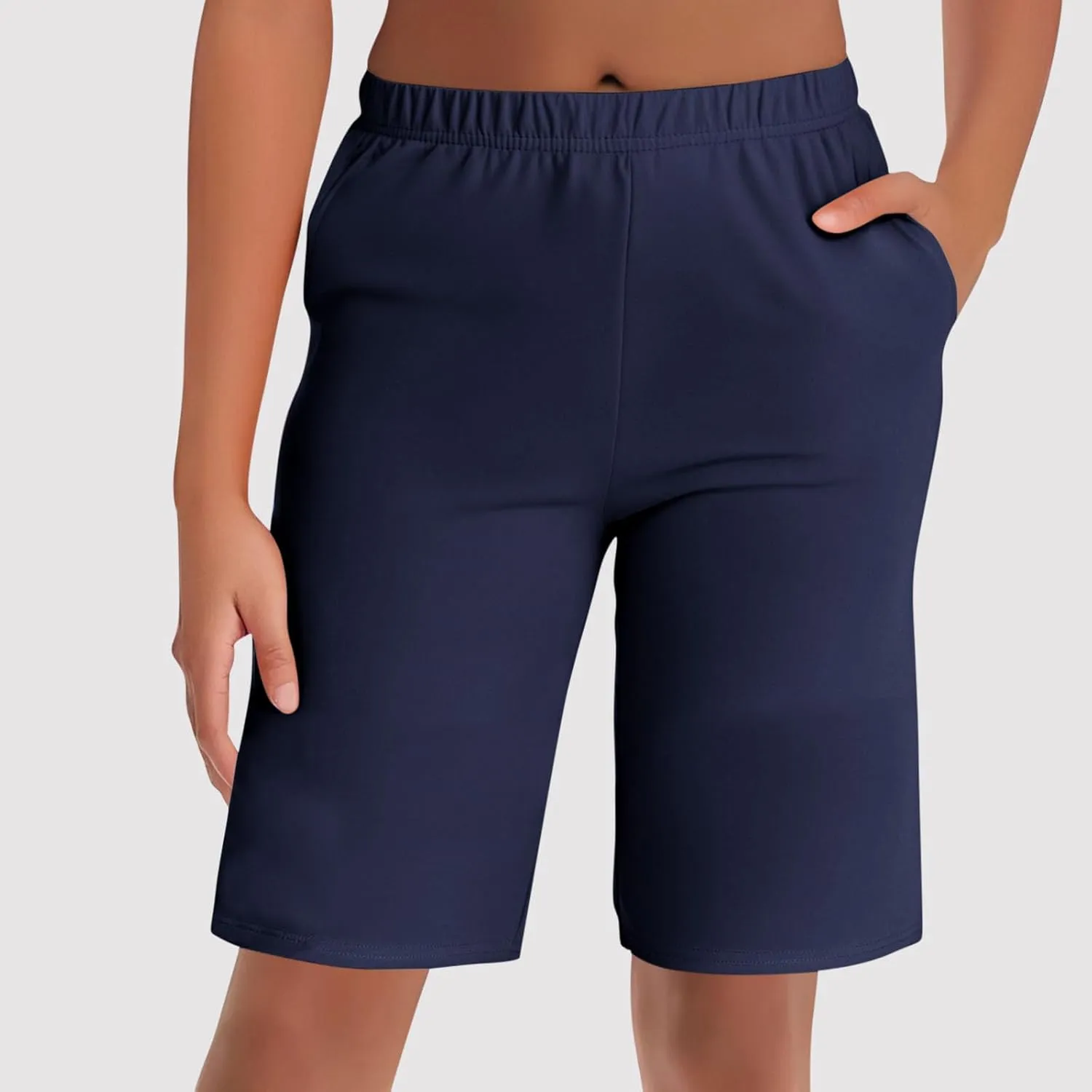 Womens Bermuda Shorts 9" Swim Short High Waisted Swim Board Pants with Pockets UPF 50  Swimsuit Bottoms
