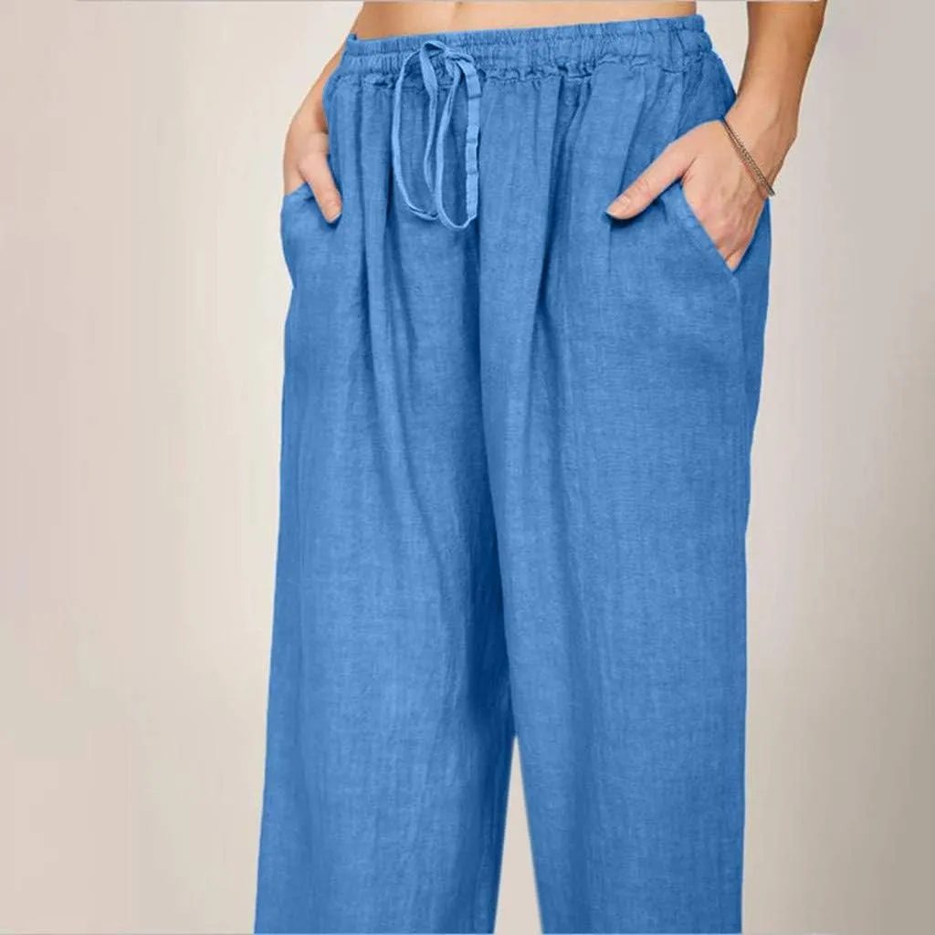 Women's Cotton Linen Pants Summer Casual Wide Leg Pant Loose Drawstring High Waist Palazzo Trousers with Pockets