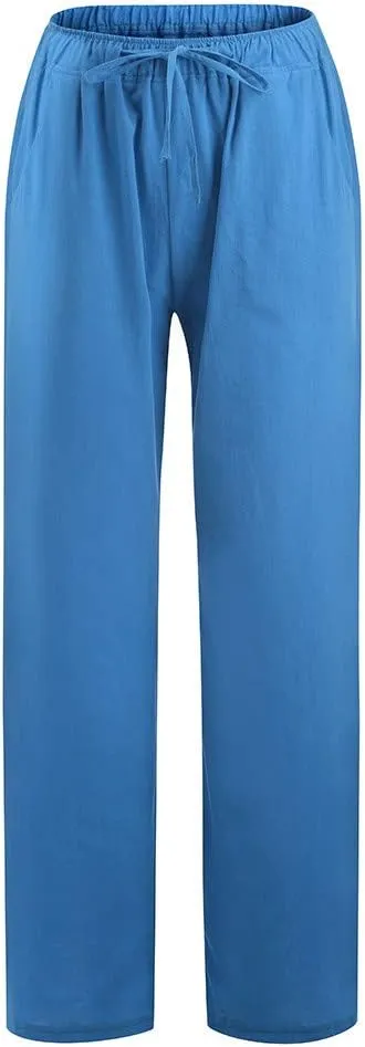 Women's Cotton Linen Pants Summer Casual Wide Leg Pant Loose Drawstring High Waist Palazzo Trousers with Pockets