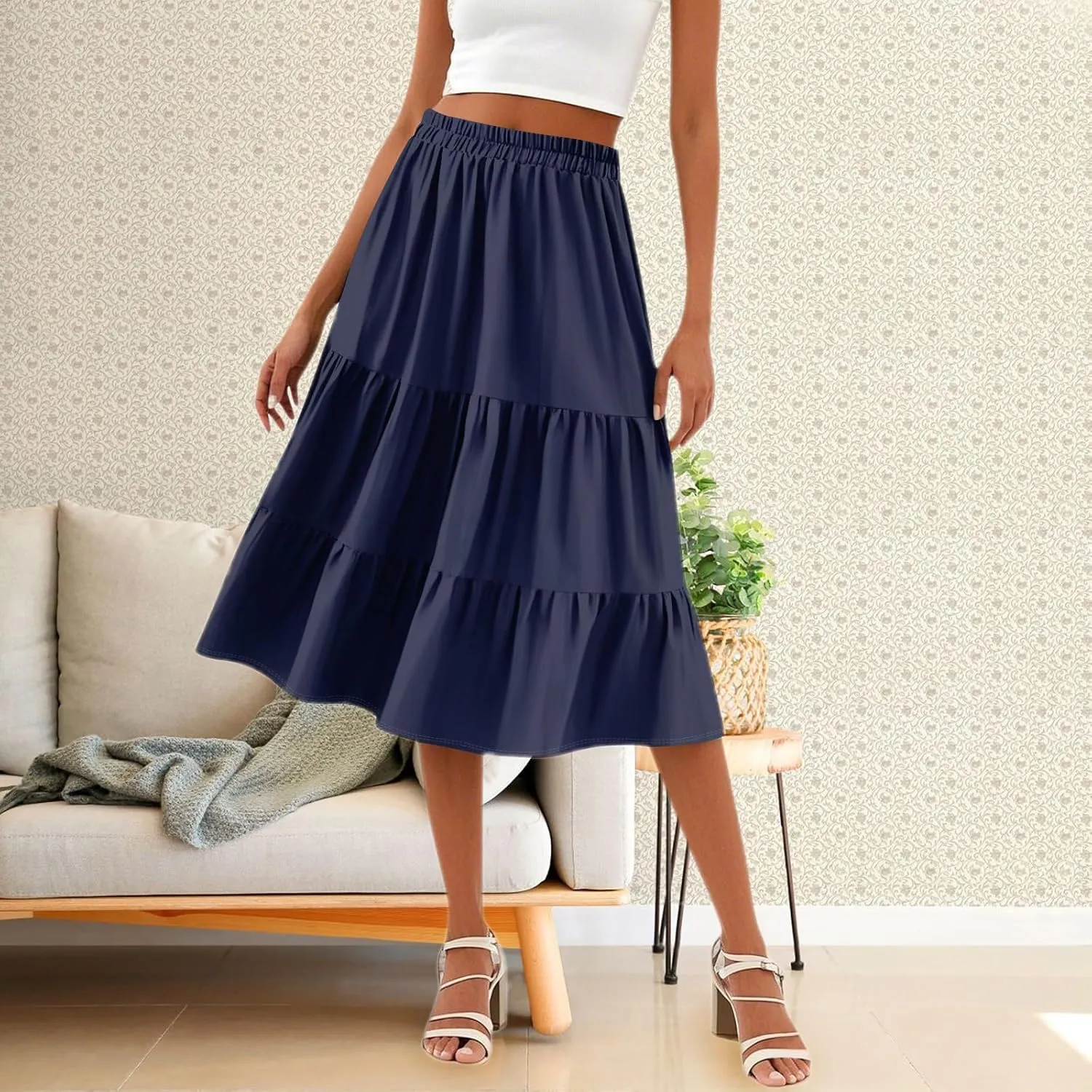 Womens Elegant Boho High Waist Polka Dot Pleated Maxi Skirt Midi Swing Skirt Beach Vacation Cruise Outfits