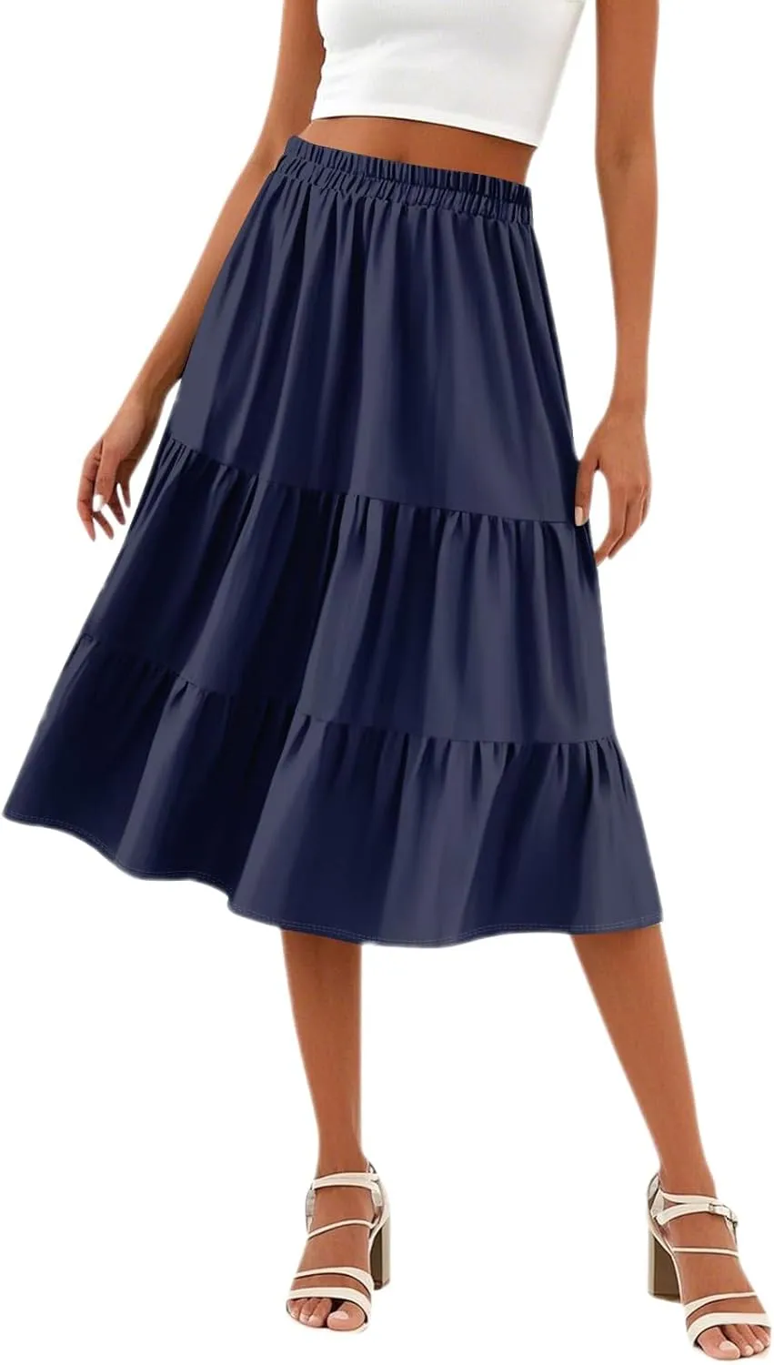 Womens Elegant Boho High Waist Polka Dot Pleated Maxi Skirt Midi Swing Skirt Beach Vacation Cruise Outfits