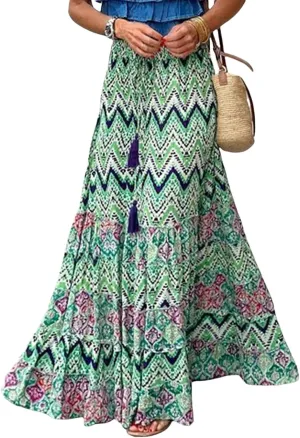 Womens Floral Print Boho Maxi Skirt Casual High Waist Flowy Skirts A Line Swing Long Skirts Summer Beach Vacation Skirt