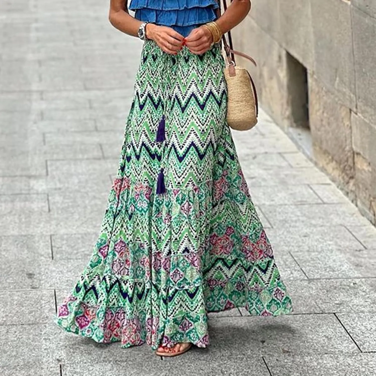 Womens Floral Print Boho Maxi Skirt Casual High Waist Flowy Skirts A Line Swing Long Skirts Summer Beach Vacation Skirt
