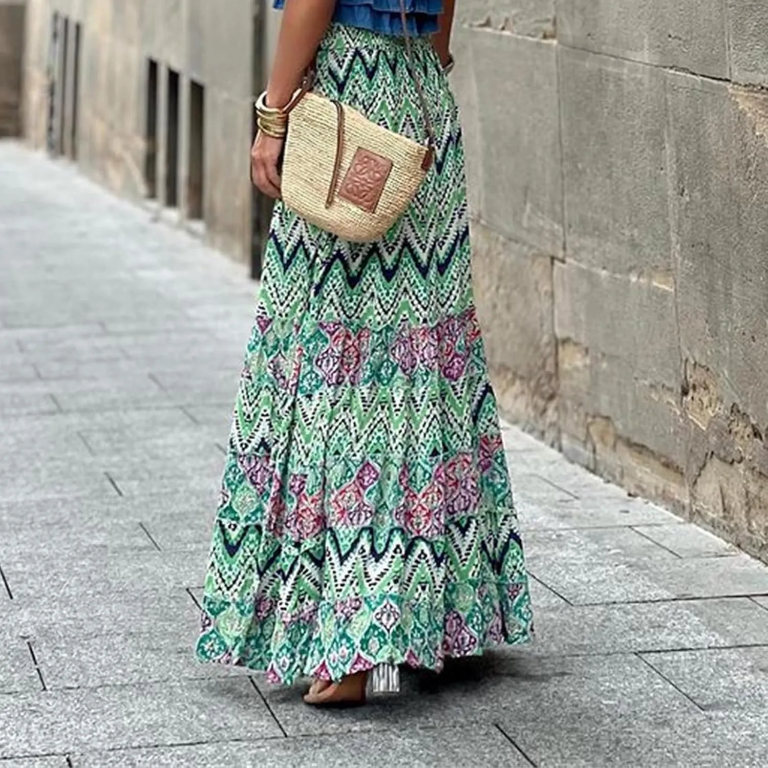 Womens Floral Print Boho Maxi Skirt Casual High Waist Flowy Skirts A Line Swing Long Skirts Summer Beach Vacation Skirt