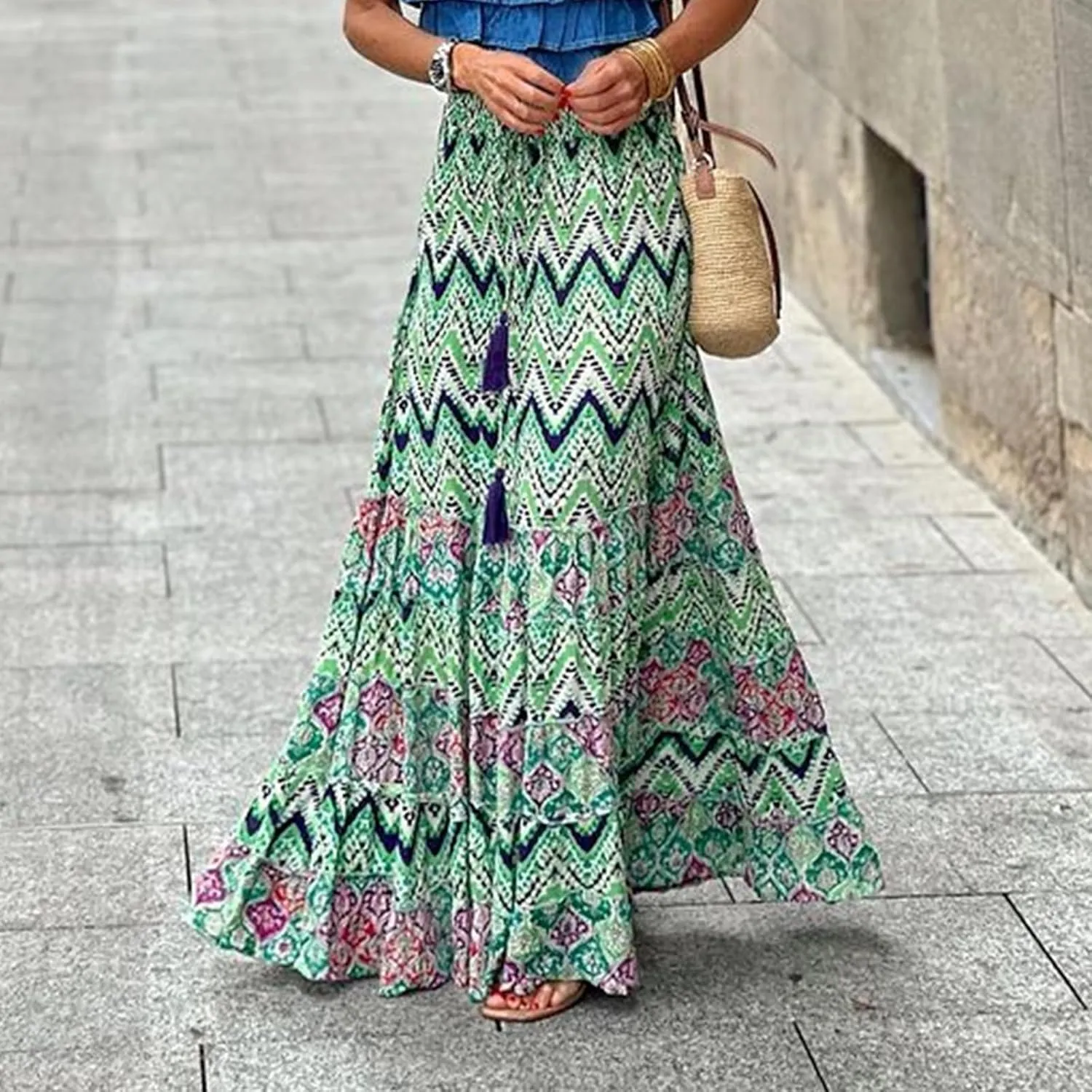 Womens Floral Print Boho Maxi Skirt Casual High Waist Flowy Skirts A Line Swing Long Skirts Summer Beach Vacation Skirt