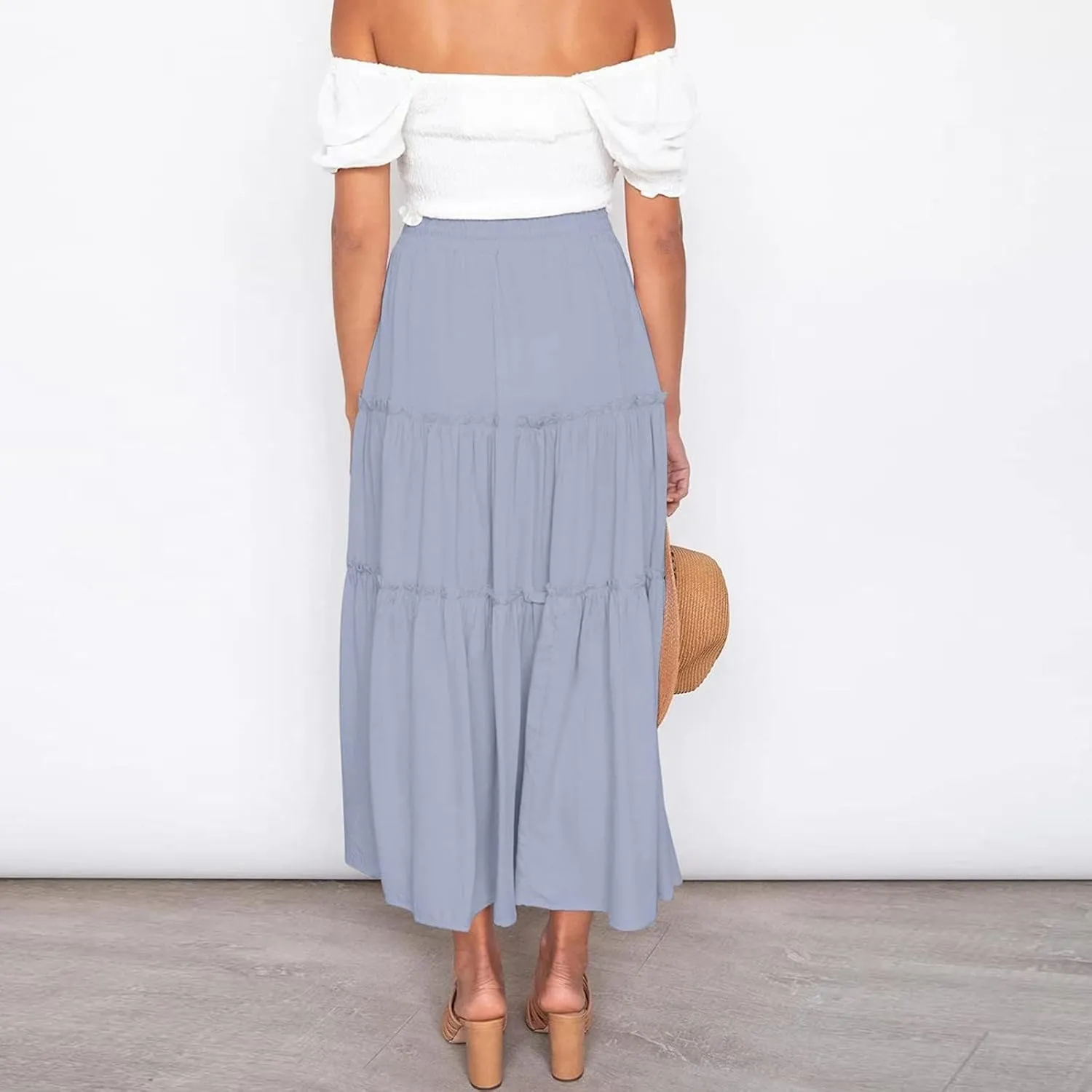 Women's Flowy Boho Maxi Skirt A Line High Waist Skirts Casual Pleated Tiered Long Skirts Summer Beach Vacation Skirt