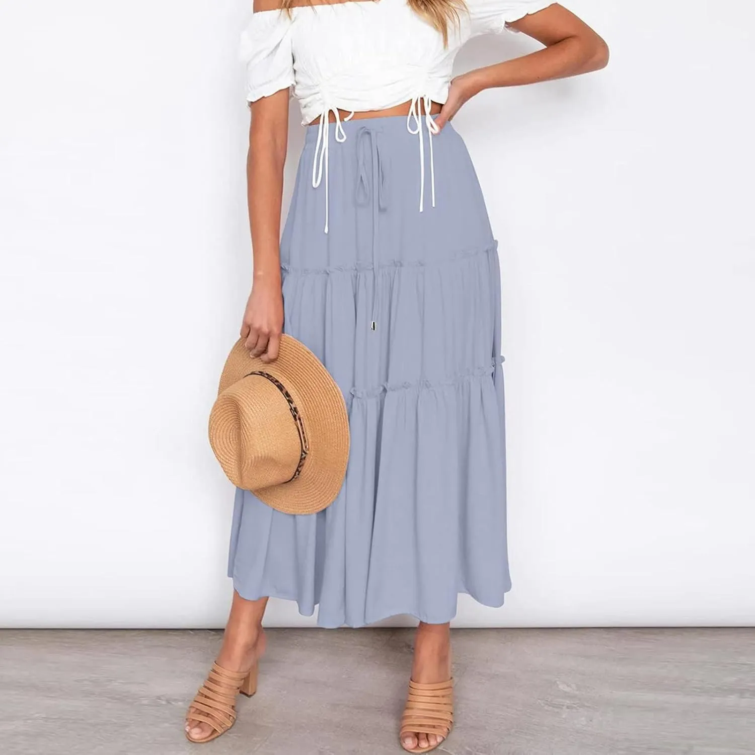 Women's Flowy Boho Maxi Skirt A Line High Waist Skirts Casual Pleated Tiered Long Skirts Summer Beach Vacation Skirt