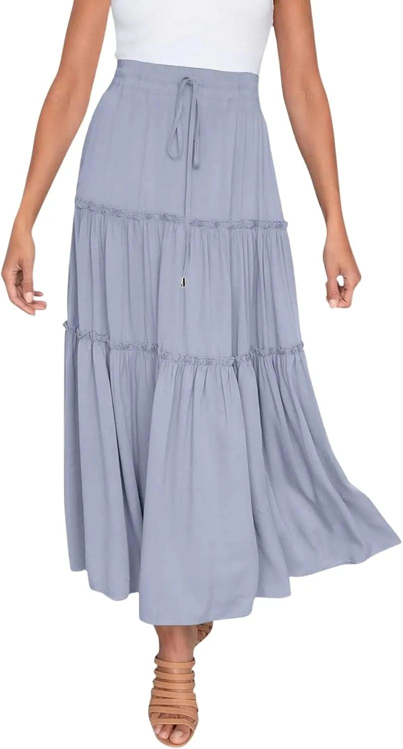 Women's Flowy Boho Maxi Skirt A Line High Waist Skirts Casual Pleated Tiered Long Skirts Summer Beach Vacation Skirt