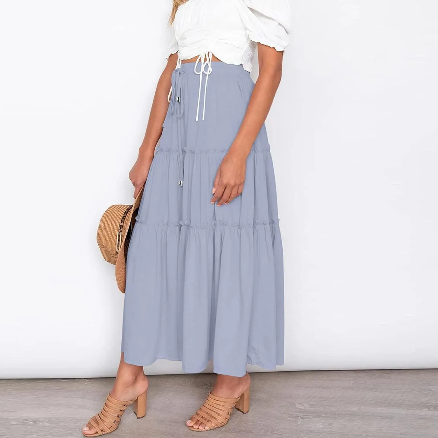 Women's Flowy Boho Maxi Skirt A Line High Waist Skirts Casual Pleated Tiered Long Skirts Summer Beach Vacation Skirt