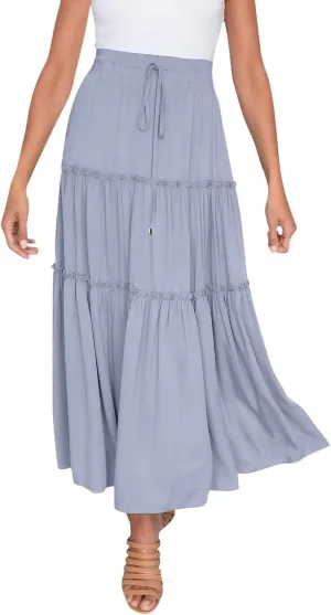 Women's Flowy Boho Maxi Skirt A Line High Waist Skirts Casual Pleated Tiered Long Skirts Summer Beach Vacation Skirt