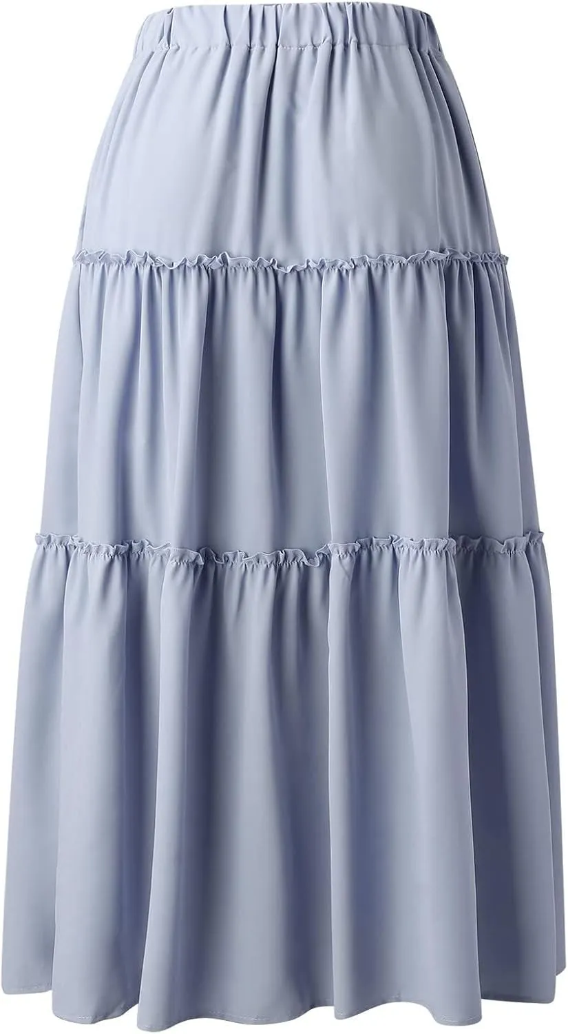 Women's Flowy Boho Maxi Skirt A Line High Waist Skirts Casual Pleated Tiered Long Skirts Summer Beach Vacation Skirt