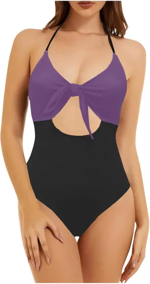 Womens Halter Cutout One Piece Swimsuit Sexy Backless Tummy Control Bathing Suits Colorblock Slimming Beach Swimwear