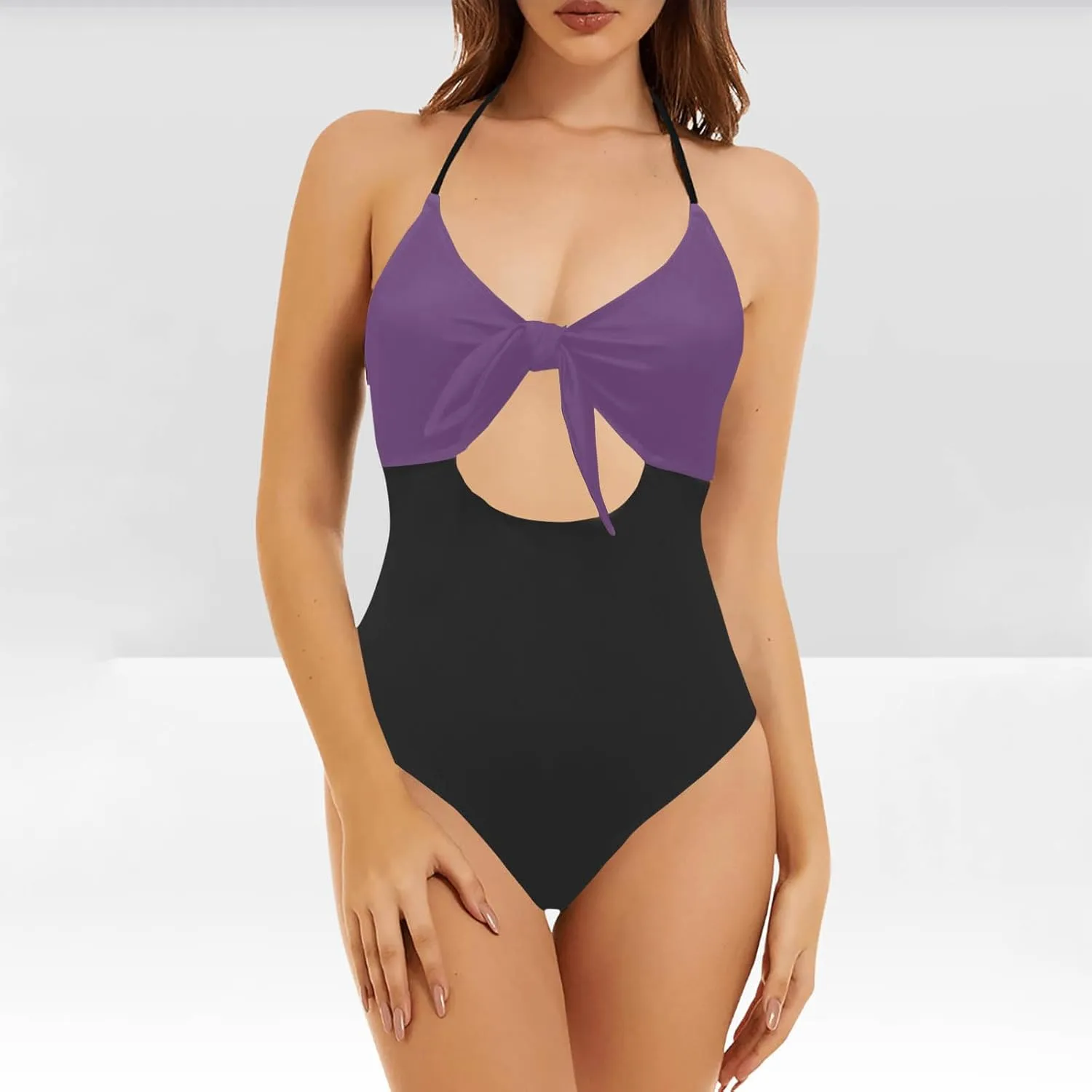 Womens Halter Cutout One Piece Swimsuit Sexy Backless Tummy Control Bathing Suits Colorblock Slimming Beach Swimwear