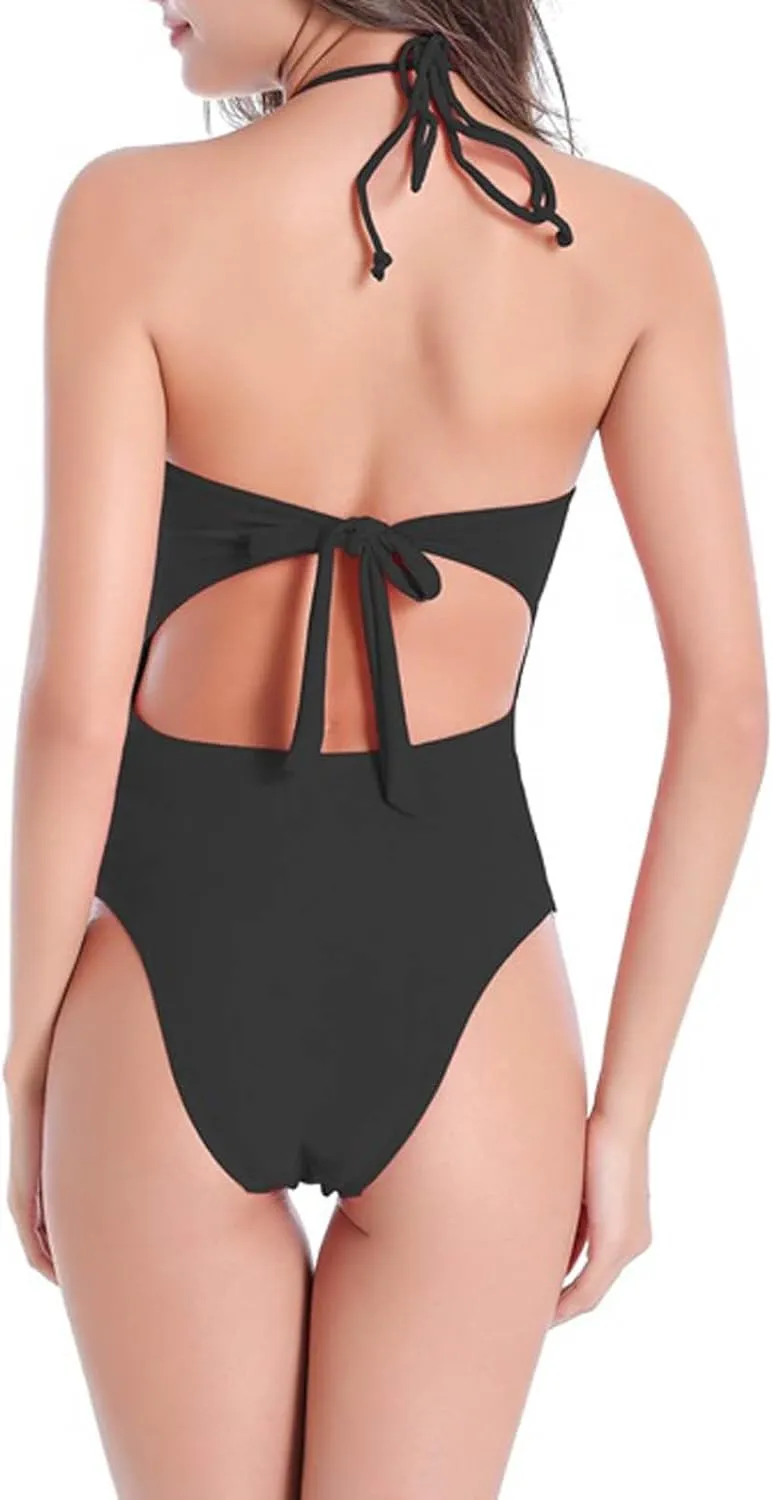 Womens Halter One Piece Swimsuit Backless Sexy Cutout Bathing Suit Summer Beach Solid Swimwear 2025 Cheeky Swim Suit