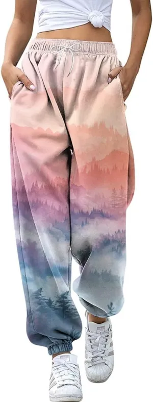 Women's High Waisted Sweatpants Workout Active Joggers Pants Baggy Lounge Bottoms Tie Dye Print Cargo Pants Pocket